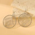 Silver geometric hollow round earrings with woven wire pattern and fish hook style - Woven Round Style (A-904)