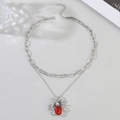 Macro detail of gothic spider pendant with red gemstone on double layered chain - Antique Silver Red Ruby Spider Double Layer Necklace (5031)