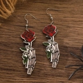 Gothic skull with red rose wooden earrings for Halloween party and festive style - Wooden Skull Holding Rose