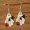 Ghost with black cat and pumpkin wooden Halloween dangle earrings on a branch - Wooden Ghost Holding Cat Pumpkin Design (03 Wood Ghost 1129)