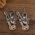 Gothic skull guitar player wooden drop earrings with metal hooks for Halloween costume - Wooden Skeleton Playing Guitar Design (04 Wood Skull 1131)