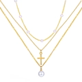 Collier doré à trois rangs avec pendentif croix, perles mauves et perle blanche - Style Croix (8333)