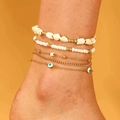 Bracelet de cheville bohème multicouche doré avec perles blanches et œil de protection - Ensemble Quatre Couches (10726) / Or Blanc