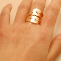 Adjustable golden double layer S-shape leaf ring with textured engraved surface - Golden Intertwined Leaf Open Ring (03)