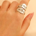 Adjustable silver leaf ring set featuring creative minimalist metallic leaf design on hand - Silver Double Leaf Open Ring (06)