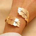 Elegant gold leaf cuff bracelet with polished finish and layered vein texture for women - Golden Intertwined Leaf Open Bracelet (02)