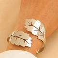 Silver leaf cuff bracelet featuring a creative open metal wrap design for women - Silver Double Leaf Open Bracelet (05)