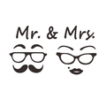 Close-up of Mr. & Mrs. bathroom door stickers with vintage glasses and beard silhouettes - Standard Style