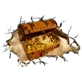 3D wall sticker detail showing a vintage treasure chest bursting through a cracked white wall - 40x60cm