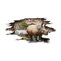 3D visual wall sticker showing a rhino emerging through a cracked wall with forest scenery - 45*60cm*2pcs