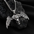 Gothic skull necklace with bat wings pendant on black volcanic rock background - Skull Bat Style (10667)