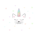 Macro shot of hand-drawn watercolor caticorn wall decal with colorful stars and hearts - 40*39cm