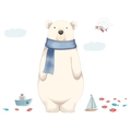 Dettaglio dell'orso polare con sciarpa blu, navi e aerei per adesivi murali per bambini - Stile Orso Polare e Trasporti