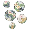 Five-piece set of Chinese style lotus wall decals featuring pink flowers and birds - Ink Wash Lotus Style