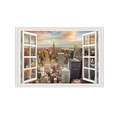 Detail of 3D sunset city skyline wall decal featuring a white window frame design - 60*90cm