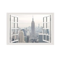 3D faux window wall decal featuring a realistic New York city skyline and white open frames - 60*90cm