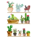 Vinilo decorativo de acuarela detallado con cactus en estantes, un gato y un pájaro azul - Diseño de 40*60cm