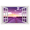 Makro-Detail der 3D-Wandaufkleber mit Lavendelfeld und realistischer Fensterrahmentiefe - Lavendel Landschaft / Große Größe