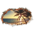 Detalle de vinilo decorativo 3D con playa tropical al atardecer a través de una pared rota - Diseño de 40x60cm