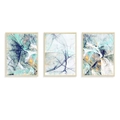 Dettaglio dell'arte murale trittico astratto nordico con motivi a linee blu e gialle - Combinazione Tripla Astratta Geometrica