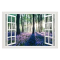 3D illusion window wall decal featuring a bluebell forest landscape with white frame - 60*90cm / Purple/Forest Landscape