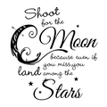 Close-up of Shoot for the Moon quote wall sticker with stars and moon graphics - Layout Size