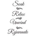 Detail view of Soak Relax Unwind Rejuvenate cursive wall decal with heart scroll design - Standard Spec / Black