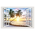 3D wall sticker detail showing high-quality sunset beach scene with coconut palms and window frame - 60x90cm / Colorful