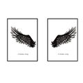 Modern black wings wall art set with A Broken Wing typography in minimalist black frames - Black and White Feather Wings Style / Large Layout