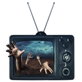 Pegatina de pared TV 3D de Halloween con manos pálidas saliendo de la pantalla - Estilo de Televisión Retro Mano de Zombi