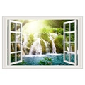 Vinilo de pared 3D detallado con marco de ventana blanco y vista de una cascada en el bosque - Bosque Cascada (FX82049)