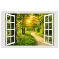 Detalle de vinilo decorativo 3D ventana con paisaje de bosque realista y efecto de sol - Camino del Bosque Soleado (FX82050)