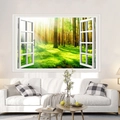 Detail of 3D fake window wall decal showing a sunrise forest landscape with white frame - Morning Forest Dawn Landscape (FX82051)
