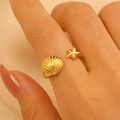 Gold adjustable starfish and shell open ring with marine theme design for women - Shell Starfish Combo (WG0148) / Gold