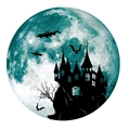 Détail du sticker mural d'Halloween lune avec silhouette de château hanté et chauves-souris - 30cm / Vert Lumineux