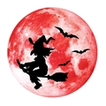 Dettaglio adesivo da parete Halloween con sagoma di strega su una grande luna rossa - 30*30cm / Rosso