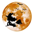 Adesivo murale Halloween con silhouette di strega e pipistrelli su luna arancione - Giallo / 30*30cm