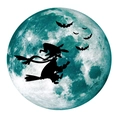Detailansicht Halloween Mond Wandtattoo mit fliegender Hexe und Fledermaus Silhouetten - 30*30cm Grün