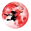 Detailansicht Halloween Mond Wandsticker mit Silhouette von fliegender Hexe und Fledermäusen - 30*30cm Rot