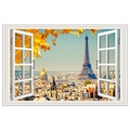 3D wall sticker showing Eiffel Tower in Paris through a white open window frame - Autumn Paris (FX82053)