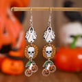 Detail of wooden Halloween earrings featuring ghost, skull, and pumpkin charms - Ghost Pumpkin Cherry Style (S183)
