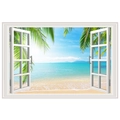 Detail of 3D fake window wall sticker featuring a tropical beach and palm tree landscape - Tropical Beach (FX82054)