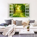 Detailed 3D wall sticker featuring a white open window view of a sunny green forest landscape - Lush Forest Path Landscape (FX82055)