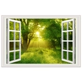 3D wall sticker with fake window frame showing green forest and natural sunlight scenery - Dawn Forest Path (FX82055)