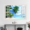 Detailed view of 3D window wall sticker with tropical beach scene and white frame - Coconut Beach Style (FX82056)