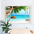 3D fake window wall sticker featuring tropical beach scenery with palm trees and ocean - Summer Reef Style (FX82057)