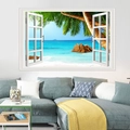 3D wall sticker showing a realistic tropical beach view through an open faux window frame - Leisure Vacation Style (FX82058)