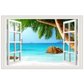 3D wall sticker detail showing tropical beach scenery through a white faux window frame - Seaside Rocks (FX82058)