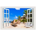 3D wall sticker detail showing an open white window with a tropical beach and palm trees - Beach Chairs (FX82059)