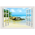 Detail view of 3D window wall sticker showing tropical beach scenery and white frame - Sunny Beach (FX82060)